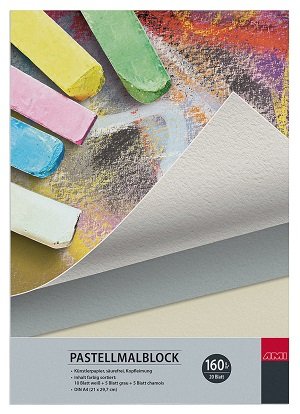 Pastelblok
licht ruwe structuur van het papier 
Gelijkmatige slijtage van krijt 
kleurrijk gesorteerd 
10xwit, 5xlichtgrijs, 5xchamois