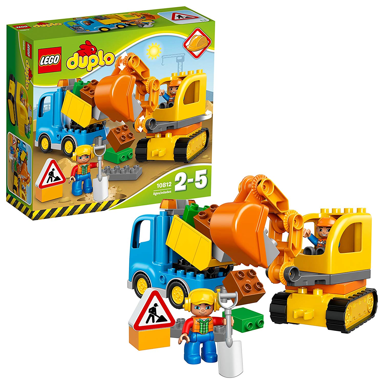 Het speelgoed set is geschikt voor peuters vanaf 2 jaar en bevat 2 arbeiders met bouwhelmen. 
Bevat een kipwagen en een rupskraan
