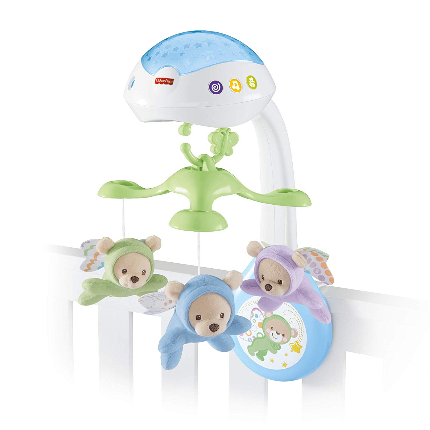 Muzikale wiegmobiel voor baby's tot 5 maanden. 
Sterrenlichtshow op wanden en plafond. 
Drie geluidsmodules met tot wel 30 minuten slaapliedjes, witte ruis of natuurgeluidjes. 