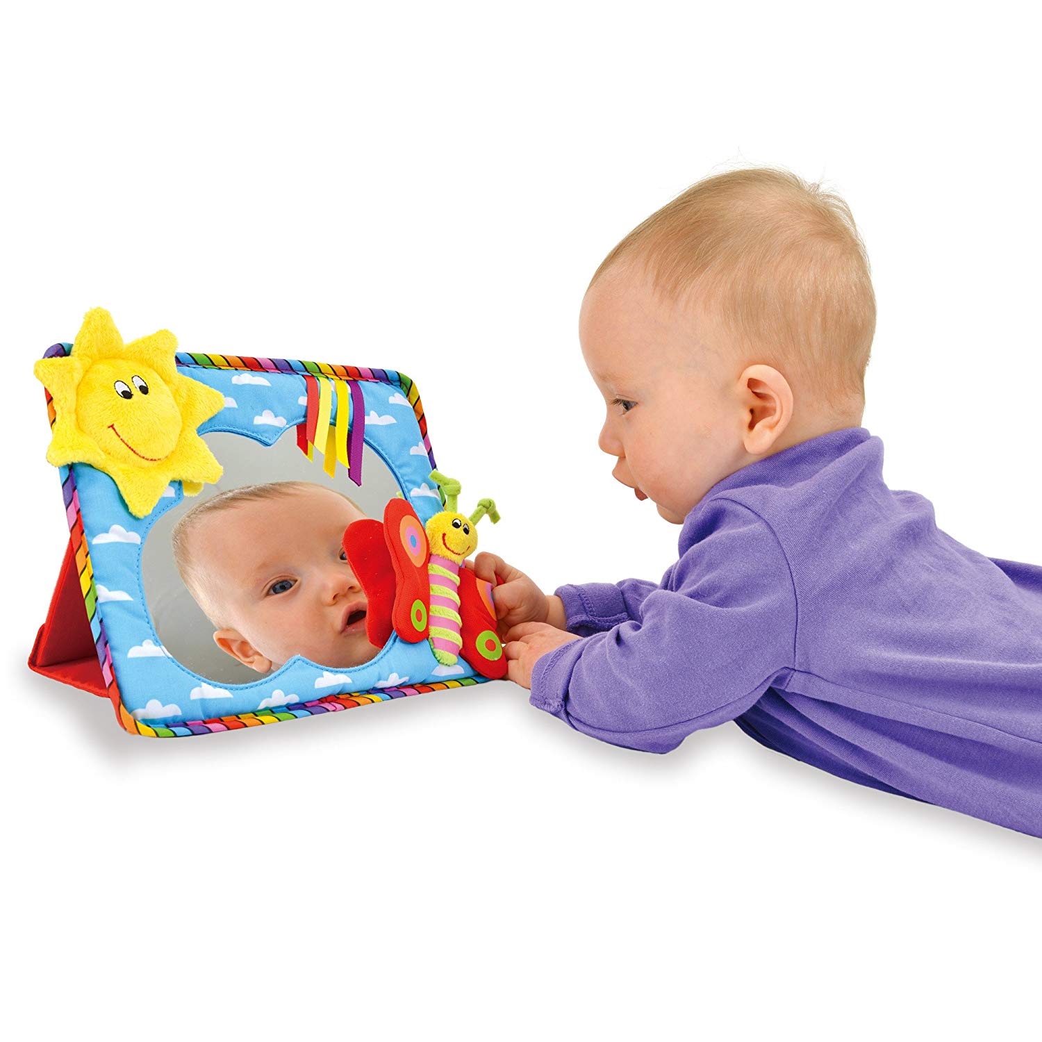 Een kunststof baby spiegel met een zachte kader en texturen. 
Bevestigen op kinderbed 