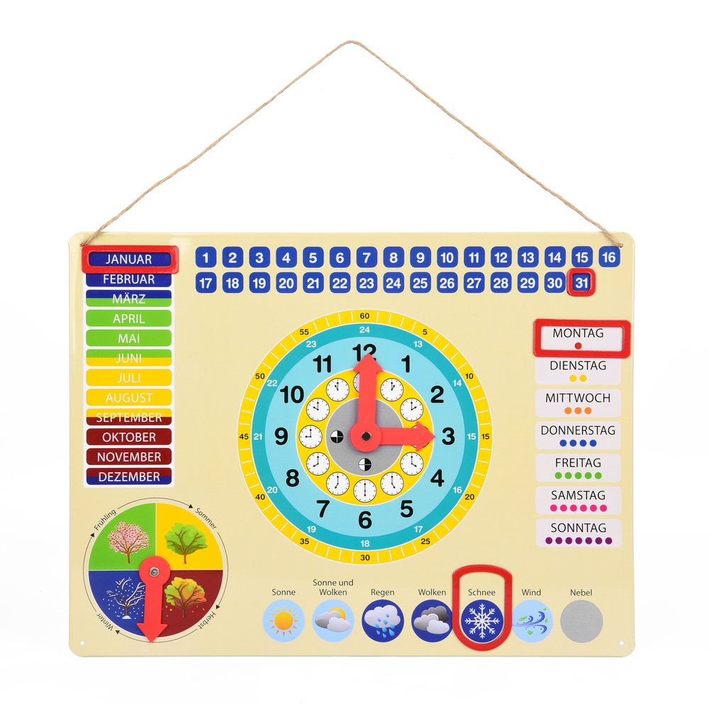 kalender, uurwerk voor het aanleren van tijd, datum en seizoenen 
De kinderen op eenvoudige en speelse wijze de tijd, weekdagen, maanden leren