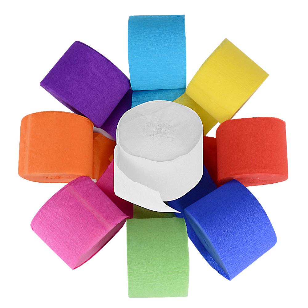 9 rollen crepepapier om te knutselen, in 9 verschillende kleuren.
