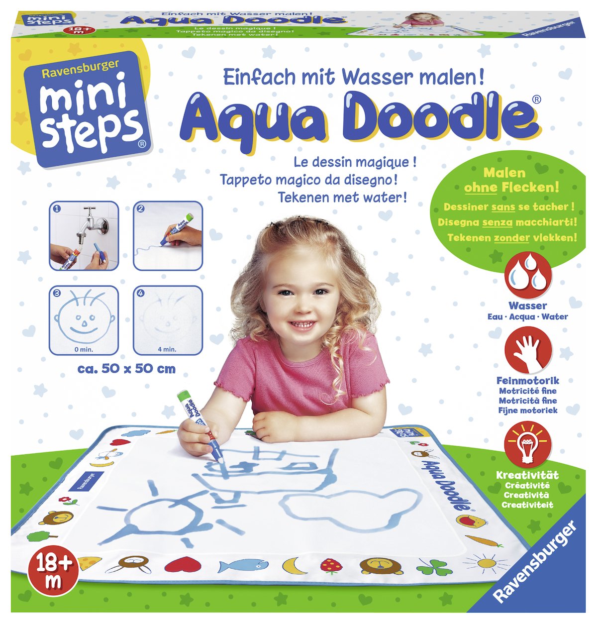 Vlekkeloos kleurplezier
Aqua Doodle is vlekkeloos kleurplezier voor kinderen ouder dan 18 maanden. Vul de Aqua Doodle pen eenvoudig met water en kinderen kunnen naar hartelust schilderen op de magische mat alsof ze een viltstift gebruiken. De kindvriendelijke motieven rond het schildergebied prikkelen de verbeelding en inspireren de kleine kunstenaars. Dus zelfs de kleintjes kunnen hun creativiteit de vrije loop laten.