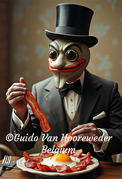 Elke dag perfecte eieren met een elektrische eierkoker. Spek met Eieren. Foto of beeld zonder woorden.